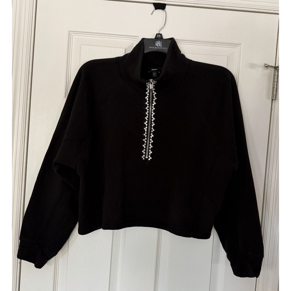 MINT Express Women Black 1/4 Zip Mock rhinestone Oversized crop Sweatshirt LARGE